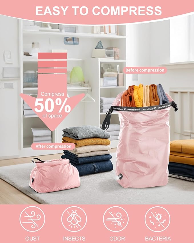 Travel Laundry Bag, Pump Free Vacuum Storage Bag Reusable Compression Dirty Clothes Travel Bag Waterproof Wet Dry Bags Large Capacity Space Saver Bags Camp Clothes Organizer (1 Pcs)(Pink, M)