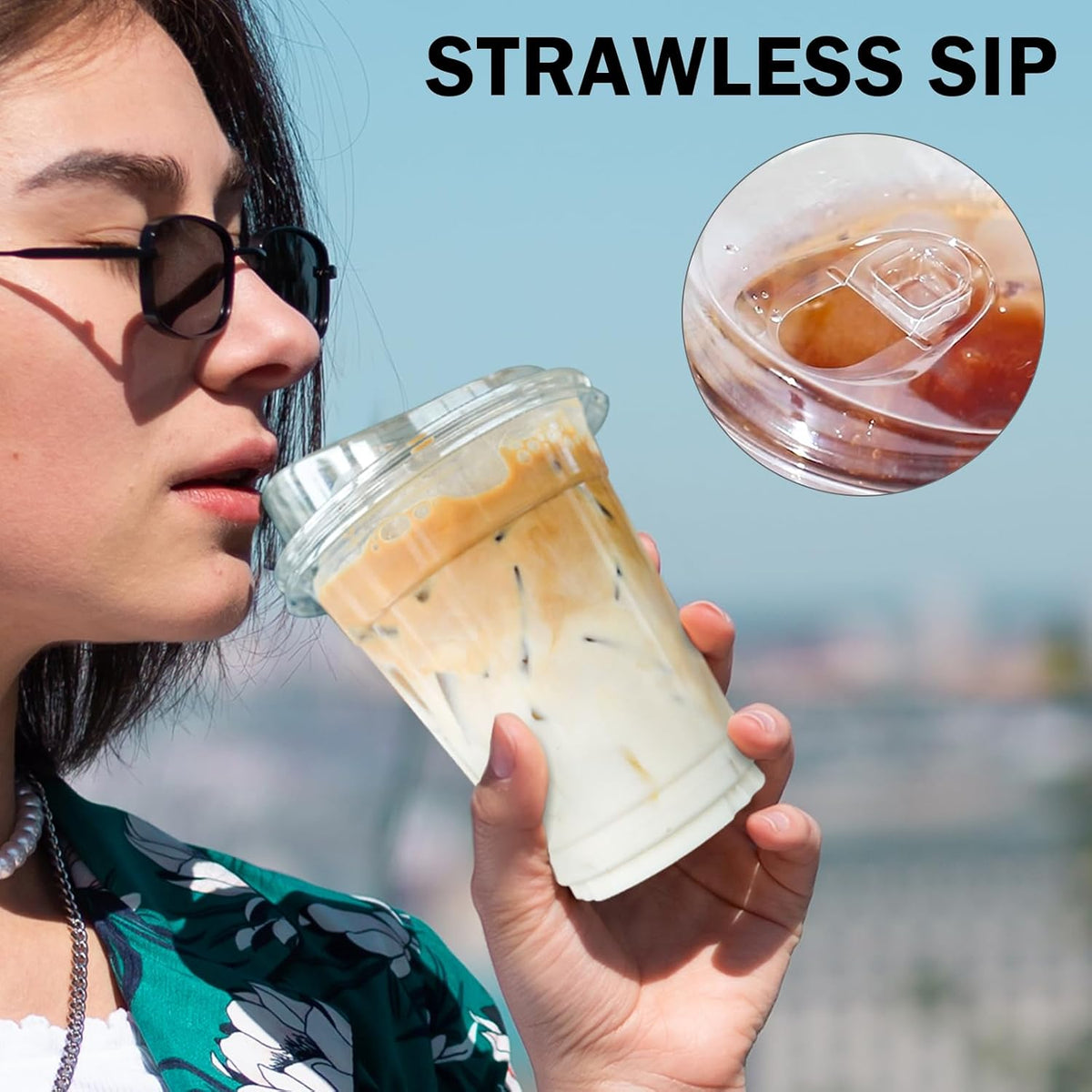 100 Pack 16 oz Clear Plastic Cups with Lids, Disposable Iced Coffee Cups with Sip Lids, Sturdy Plastic Smoothie Cups for Cold Drinks