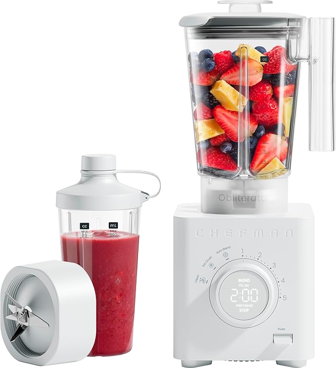Chefman Obliterator 48 oz Countertop Blender for Smoothies, 1380W Motor to Crush Ice, Nuts, and Frozen Fruit with Stainless Steel Blade, Auto Blend Function, Includes 20 oz Travel Jar