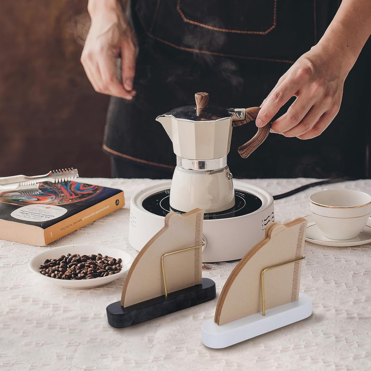 Coffee Filter Holder, Marble & Brass Cone Coffee Filters Holder Organizer Station, Stand Accessories for V60 Filters Size #01, #02 & #04, Thick and Heavy & Anti-slip (White)
