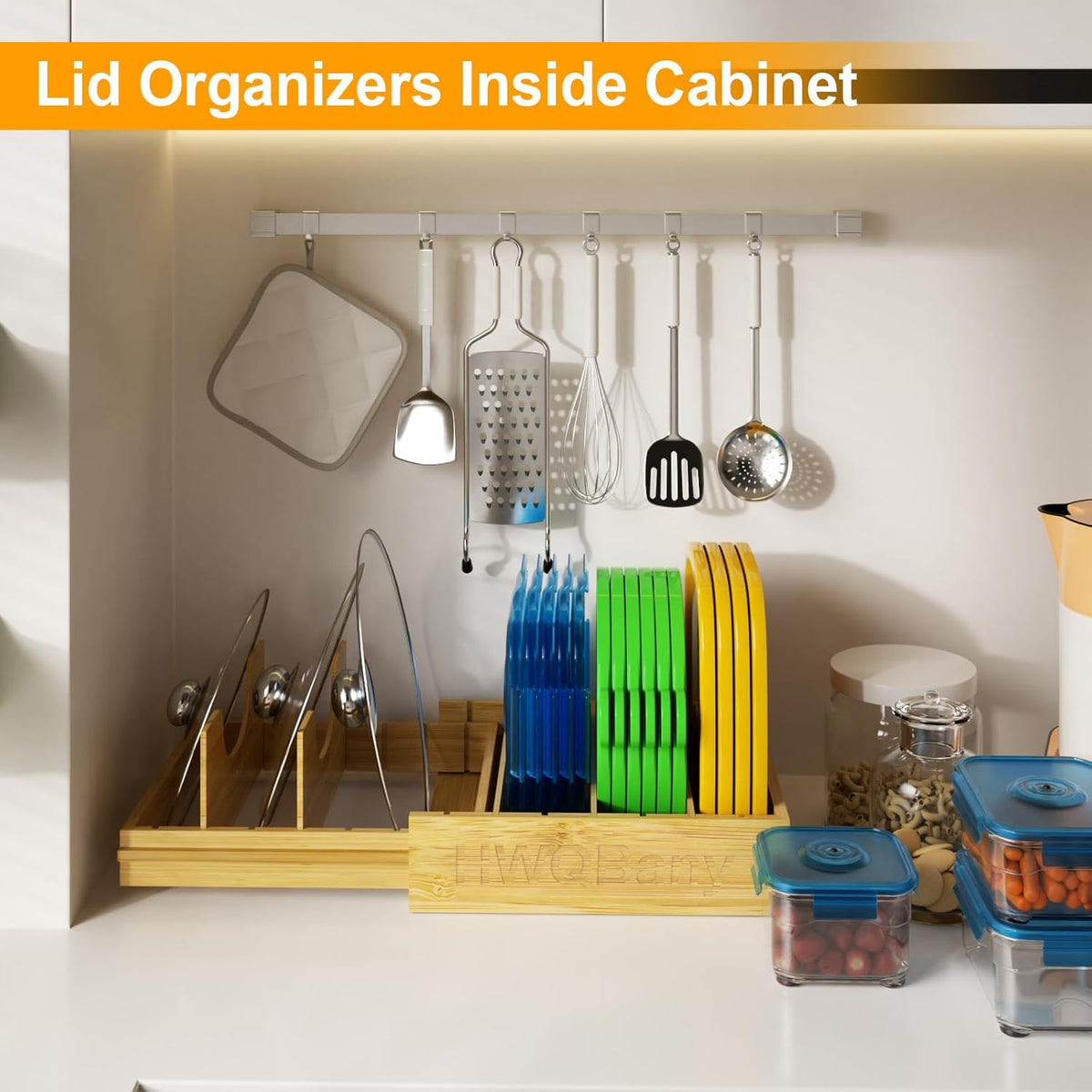 Pots and Pans Organizer, Bamboo Expandable Cutting Board Organizers, Adjustable Pot Lids Organizer for Cabinet with 5 Adjustable Dividers for Pots, Pans, Baking Sheets, Cutting Boards, Nature