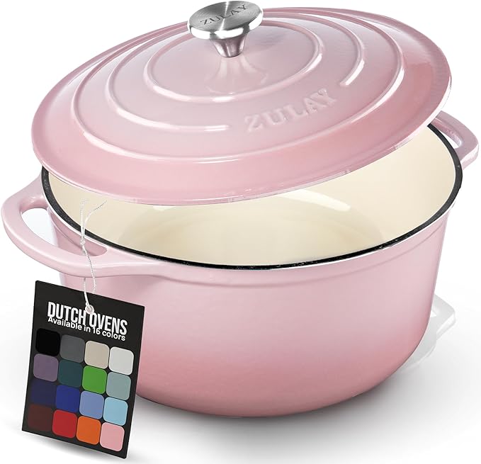 Zulay Kitchen 5 Quart Enameled Cast Iron Dutch Oven Pot with Lid – Premium Durability & Oven Safe up to 500°F – Heavy Duty Cookware Perfect for Bread Baking, Stews, Braising & Roasting – Pink