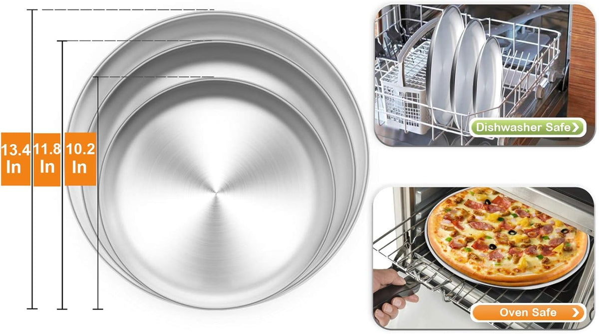 TeamFar Pizza Pan, 10” & 12” & 13.4”, 3 Pcs Pizza Pan Set Stainless Steel Pizza Pan Round Pizza Oven Pans Tray for Baking Serving, Healthy & Rust Free, Heavy Duty & Dishwasher Safe