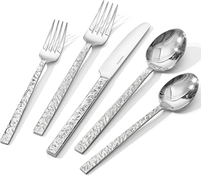 KINGSTONE 40 Pcs Hammered Silverware Set for 8, 18/10 Stainless Steel Heavy Duty Flatware Set, Tableware Cutlery Utensil Sets for Home Restaurant Dishwasher Safe