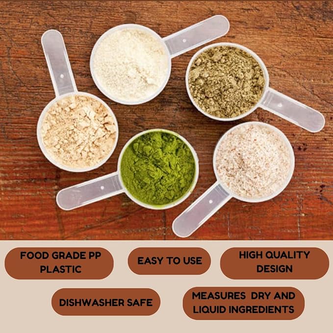 Plastic Measuring Scoop, (70 cc | 4.73 tbsp | 2.37 fl oz. | 70 mL) Long Handle Spoons for Powders, Granules, Coffee, Pet Food, Baking Supplies, Protein and Other Dry Goods, BPA Free (Set of 5)