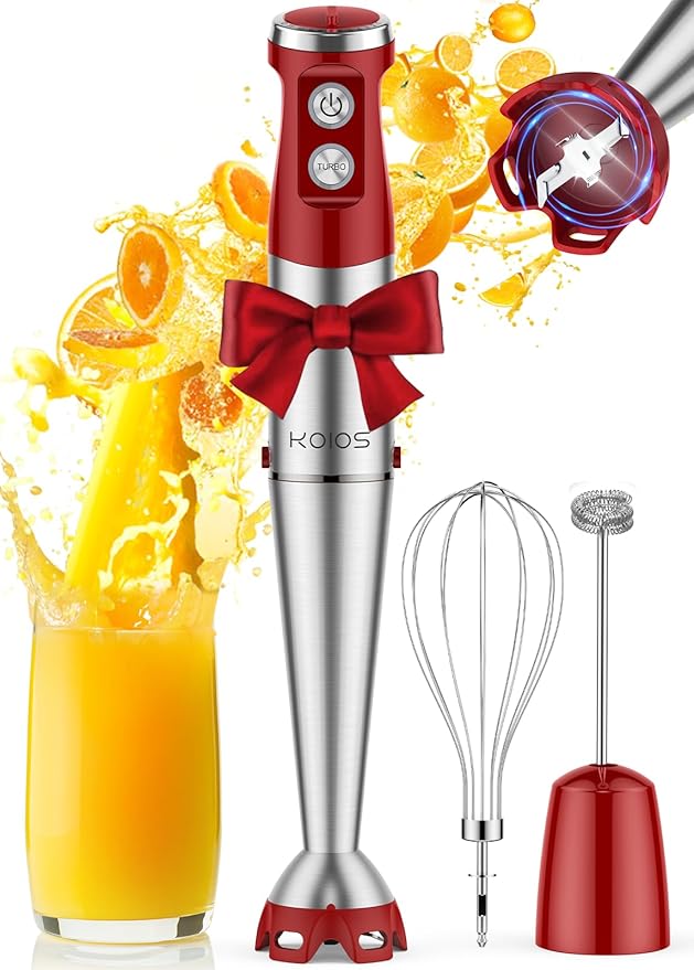 KOIOS Immersion Blender, 1000W Anti-scratch 3-in-1 Hand Blender, Upgraded 12 Speed Stainless Steel Blade Stick Blender with Turbo Mode, Whisk and Milk Frother, Non-BPA, Red