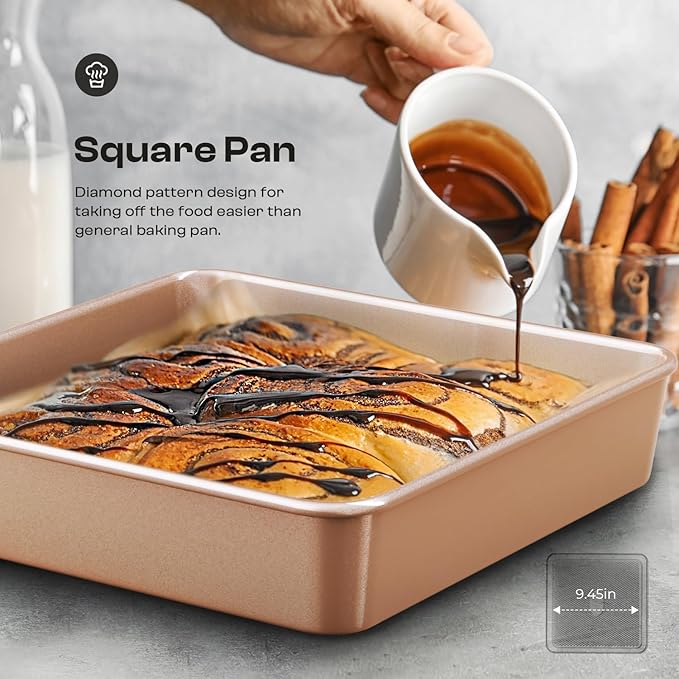 12-Piece Nonstick Bakeware Set with Baking Pan, Cake Pan, Muffin Pan, Loaf Pan, Square Pan, Roasting Pan, Cookie Pan, Cooling Rack & Utensils - Ceramic Coated Gold