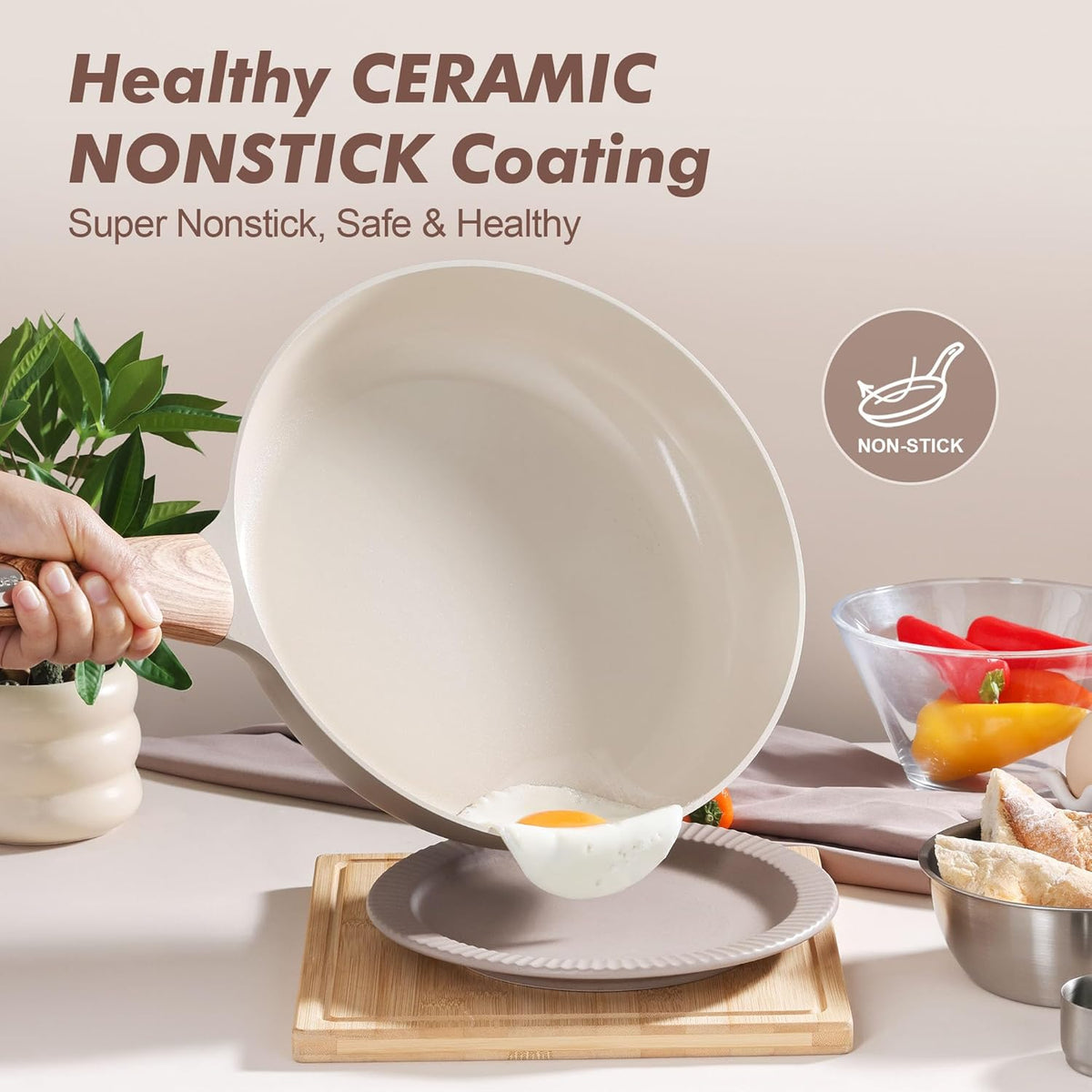 SENSARTE Ceramic Nonstick Frying Pan Skillet with Lid 11inch, Non Stick Pan Omelette Pans, Non-toxic Kitchen Cooking Chef's Pan, Free of Intentionally Added PFOA/PFAS/PTFE, Induction Compatible, Taupe