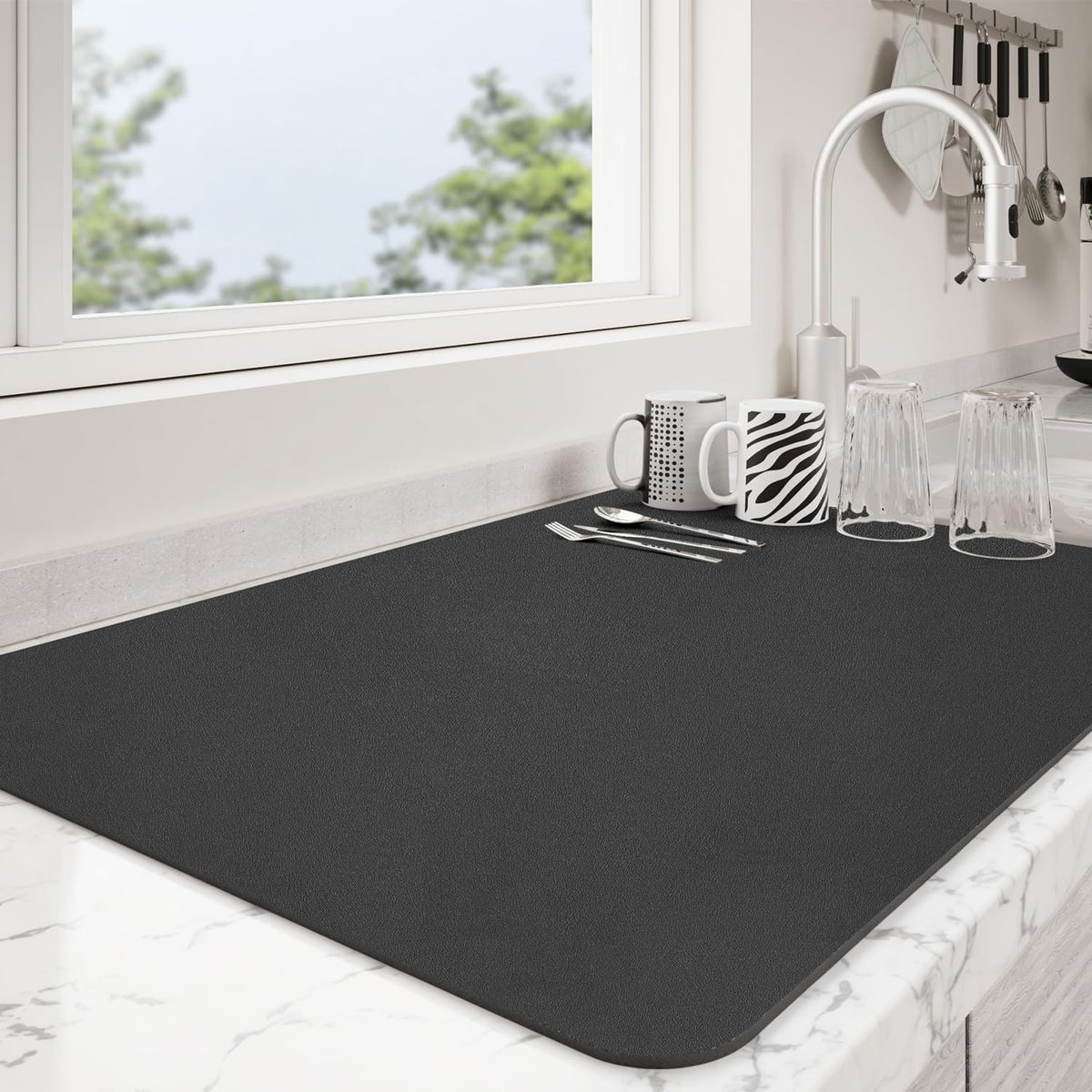 Dish Drying Mat for Kitchen Counter | Coffee Bar Mat for Countertops | Heat Resistant Drainer Mat with Non-slip Rubber Backed | Hide Stain Kitchen Absorbent Draining Mat | Black 16"x20"