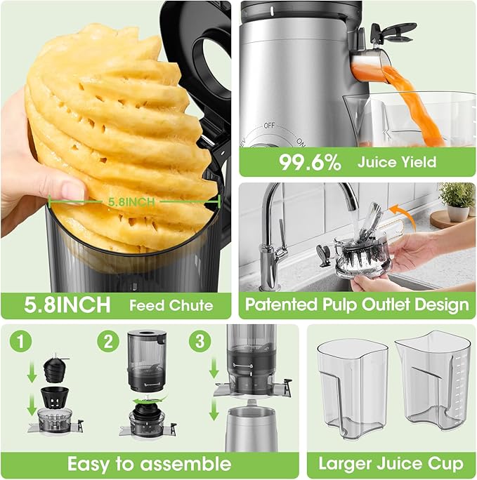 Juicer Machines, 5.8" Wide Feed Chute Cold Press Juicer for Whole Vegetables & Fruits, High Juice Yield, BPA Free (Slivery)