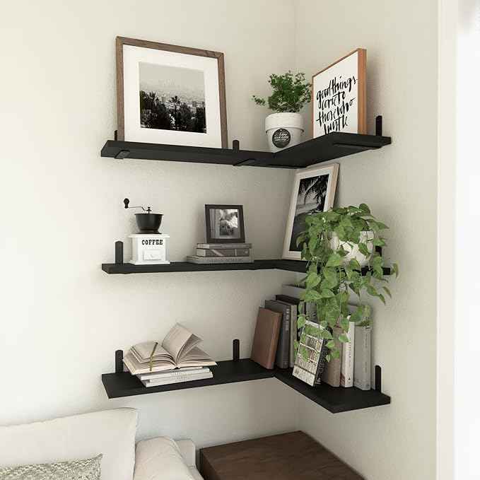 WOPITUES Wood Floating Shelves Set of 6, Shelves for Wall Decor, Farmhouse Shelf for Bedroom, Bathroom Storage Shelves, Book Shelves for Living Room-Black
