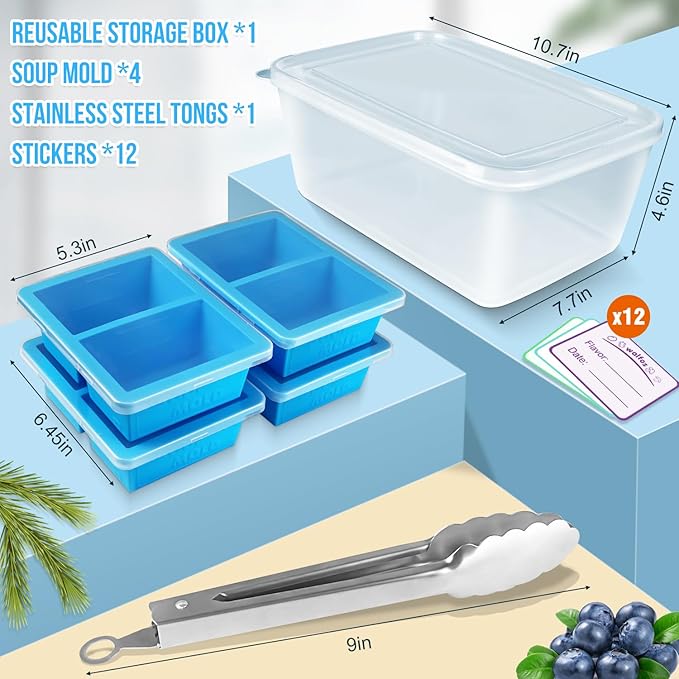 Walfos 1 Cup Silicone Freezer Tray with Lid,Soup Freezer Molds 4 Packs,Bin and Tongs,BPA Free Silicone Freezing Container,Perfect For Storing and Freezing Soup,Broth,Sauce,with 12 Removable Labels