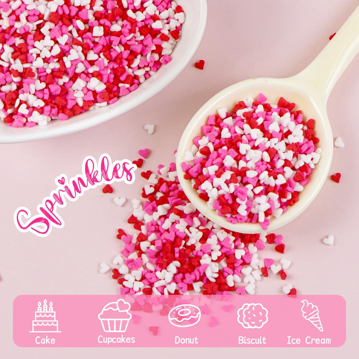 Sweet Mini Heart Sprinkles Sugar, Valentines Love Sprinkles for Cupcake Decorating, 150g/5.29oz Mix Edible White Pink and Red Candy, Cookie, Ice Cream, Mother's Day, Wedding Party Supplies