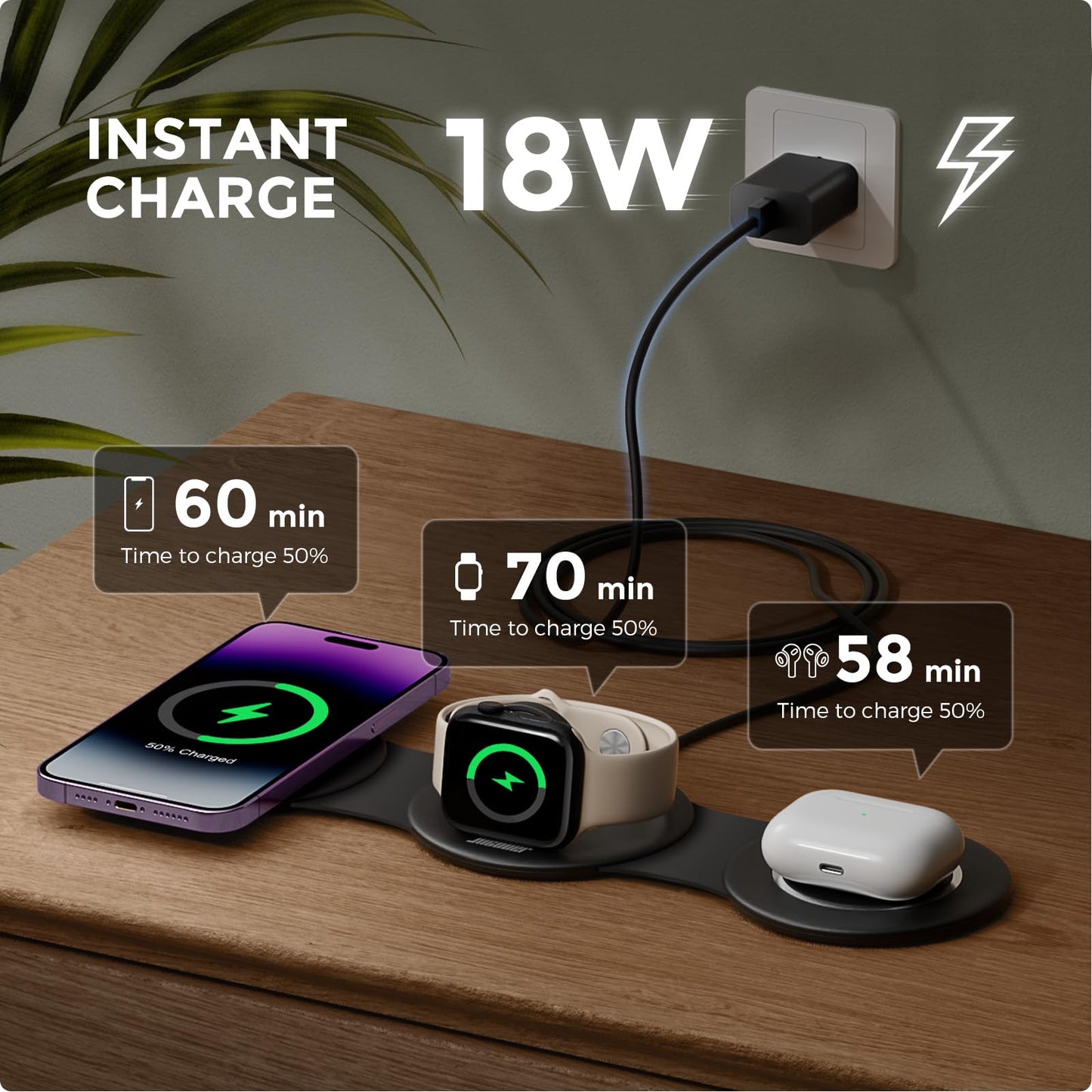 HICOBER 3-in-1 Wireless Charging Station for iPhone, Watch, AirPods, Black