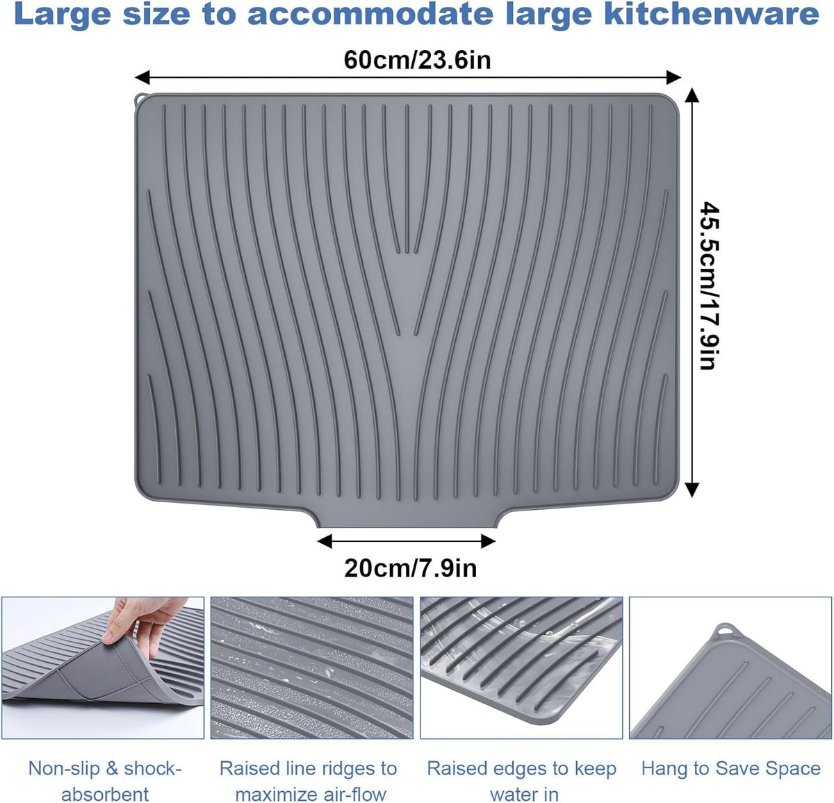 Silicone Dish Drying Mat with Drain Lip 23.6'' x 17.9'' Non-Slip Silicone Dish Drying Mat for Kitchen Counter, Heat Resistant Dish Drying Pad Quick Dry Self-draining Dish Drainer Mat Board Grey