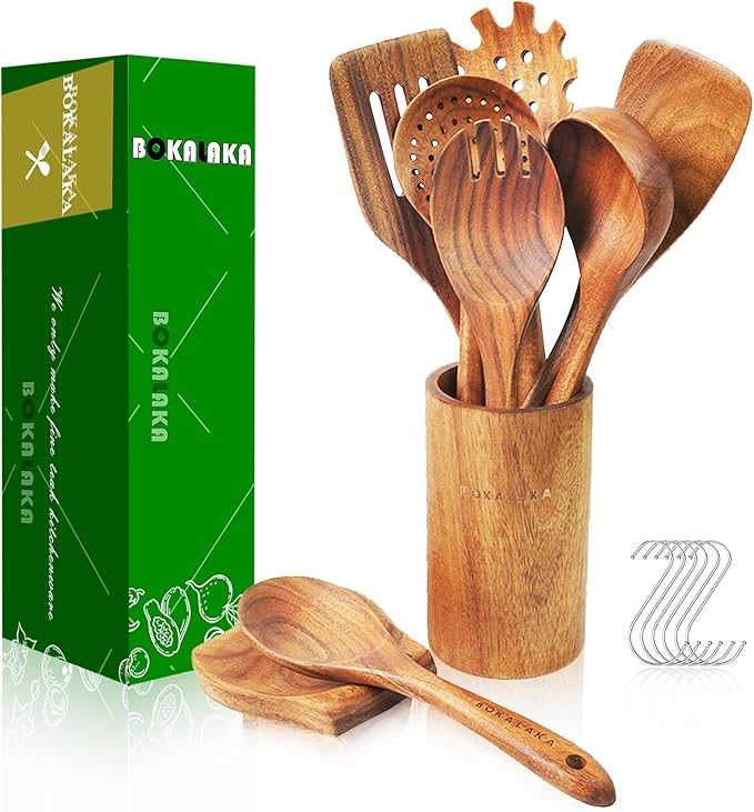 Teak Wooden Spoons for Cooking - 9 Pcs Comfort Grip Kitchen Utensil Set with Holder & Rest
