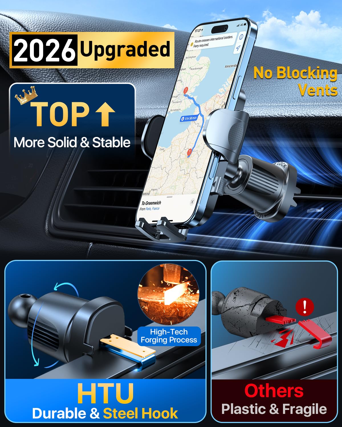 HTU Upgraded Strongest Suction No Block View Bendable Arm Car Phone Holder