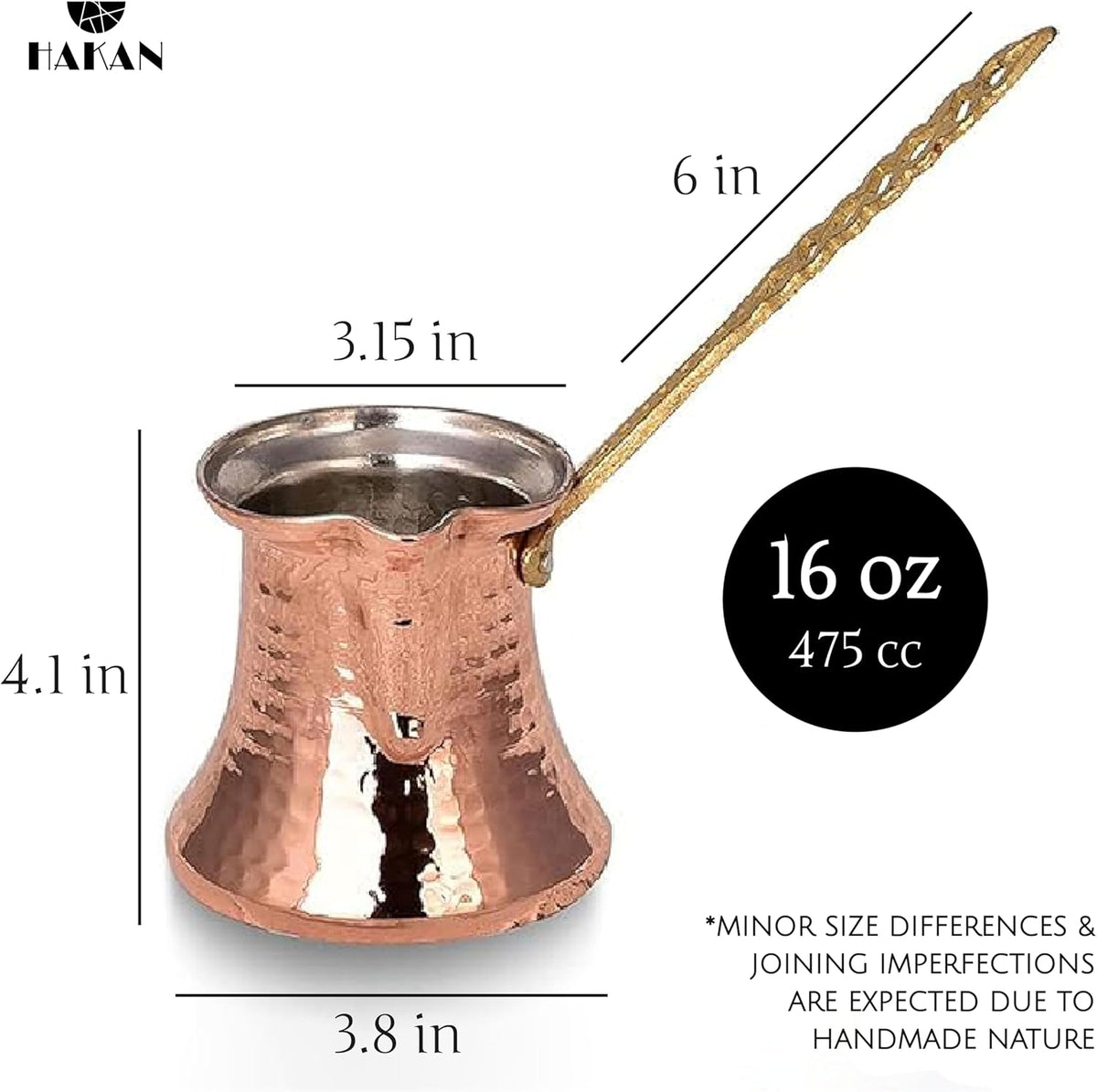 Hakan Turkish Coffee Pot | Stove Top Water Boiler, Coffee Maker, Butter, Chocolate & Milk Warmer | Even and Quick Heat with Handcrafted Copper Material | Coffee Gifts Idea, 16 Oz (475 cc)