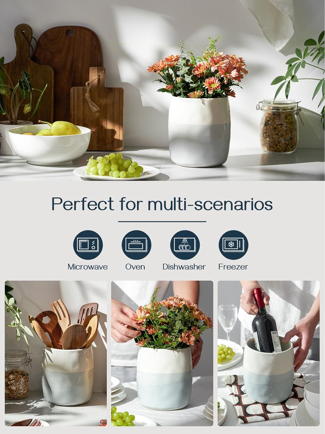 DOWAN Utensil Holder, 6.5″ Large Utensil Holder for Kitchen Counter, Ceramic Utensil Crock with Table-Protection Cork Mat, Utensil Organizer Caddy for Tongs, Spoons