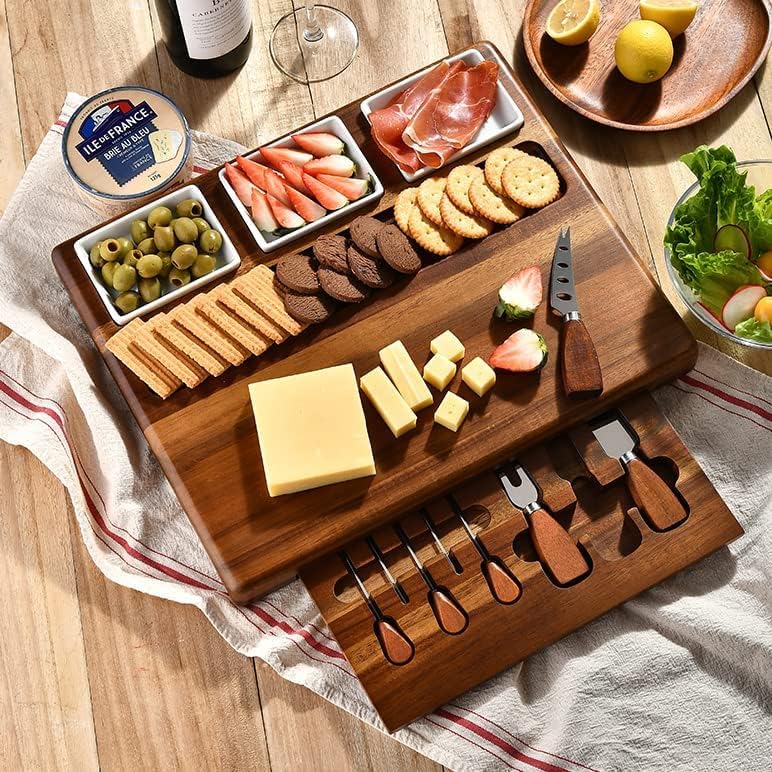 Shanik Large Acacia Wood Charcuterie Board Set with 3 Removable Ceramic Bowls & Serving Utensils - Housewarming, Wedding, Bridal Shower, Home and Kitchen, New Home Gift Ideas for Women, Gifts for Her