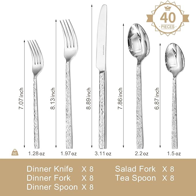 KINGSTONE 40 Pcs Hammered Silverware Set for 8, 18/10 Stainless Steel Heavy Duty Flatware Set, Tableware Cutlery Utensil Sets for Home Restaurant Dishwasher Safe