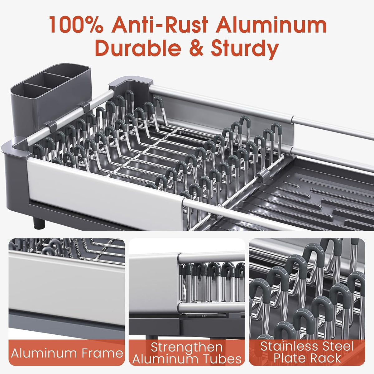 TOOLF Dish Drying Rack for Kitchen Counter, Extendable Dish Rack with Drainboard, Expandable Dish Drainer, Collapsible Dish Strainer with Cutlery Holder, Foldable Home Plate Rack, Alu Gray