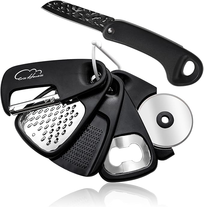 Kitchen Gadgets Set 6 Piece, Space Saving Kitchen Utensils Stainless Steel Accessories Cheese Grater, Bottle Opener, Pizza Cutter, Vegetable Peeler, Paring Knife, Garlic Grinder, Burlap Bag Gift(BLK)