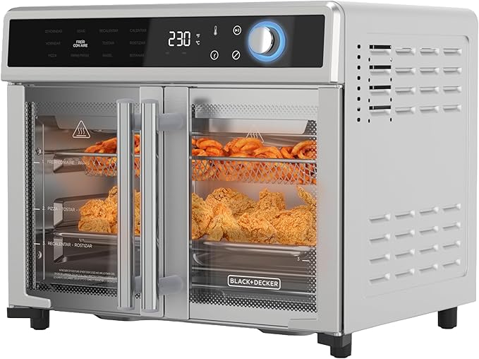 BLACK+DECKER Crisp 'N Bake Air Fryer Toaster Oven Combo, 12 in 1 Countertop Convection Oven Cooks Food Fast, Fits a Whole Pizza or 6 Toast Slices, French Doors with Stainless Steel Finish