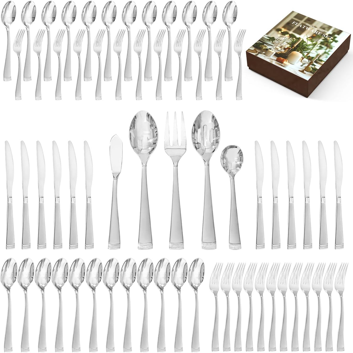 KINGSTONE Silverware Set, 65-Piece Flatware Set for 12, 18/10 Stainless Steel Cutlery Set with Bead Edge, Utensil for Kitchen, Home, Party, Wedding, Mirror Polished, Dishwasher Safe, Featured Gifts