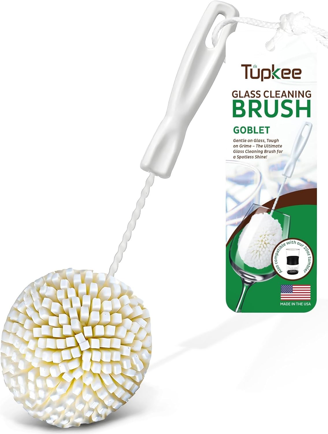 Tupkee Wine Glass Cleaning Brush – Soft Non-Scratch Foam Bristles – Goblet & Stemware Wine Glass Cleaner Brush for Glassware, Crystal, Bottle, & Mugs – Fits Tupkee 20oz Glass Tumbler – Made in the USA