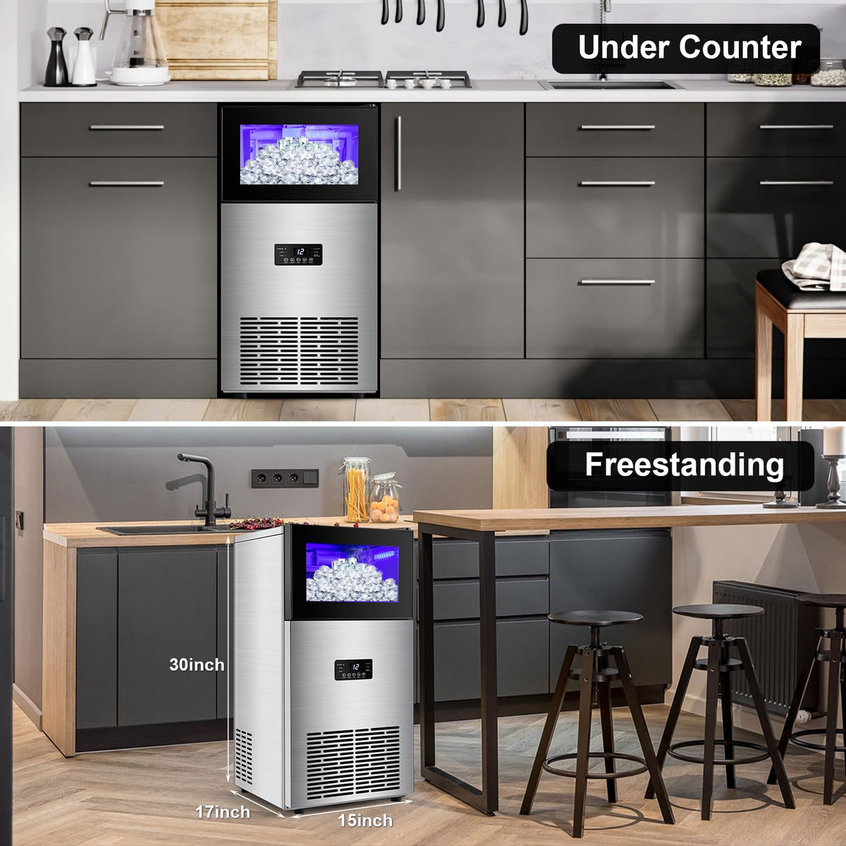 Commercial Ice Maker Machine 130LBS/24H with 35LBS Storage Bin, Stainless Steel Undercounter/Freestanding Ice Cube Maker for Home Bar Outdoor, Automatic Operation, Include Scoop, Connection Hose