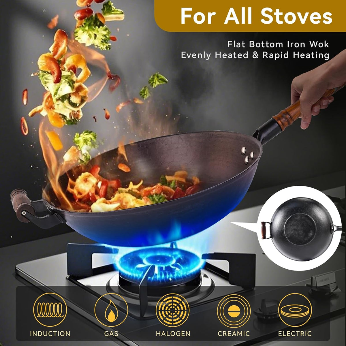 WANGYUANJI 13.4 Inch Cast Iron Wok with Glass Lid – Traditional Flat Bottom Chinese Wok, Heavy Duty Non-Coated Pan for Gas, Induction & Electric Stovetops, Black