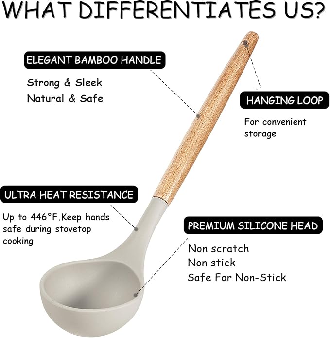 MIBOTE Silicone Cooking Kitchen Utensils Set with Holder, Wooden Handles BPA Free Non Toxic Silicone Turner Tongs Spatula Spoon Kitchen Gadgets Utensil Set for Nonstick Cookware (Khaki)