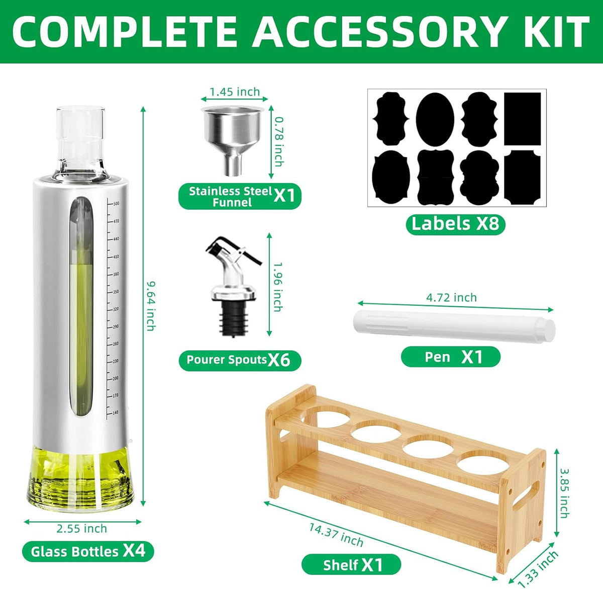Oil Dispenser Bottle, 4 Pack Glass Olive Oil Dispenser Bottle with Shelf, 17oz/500 ml Oil and Vinegar Dispenser Set Wrapped in Stainless Steel Shell with Pourers, Funnel & Pen and Tags