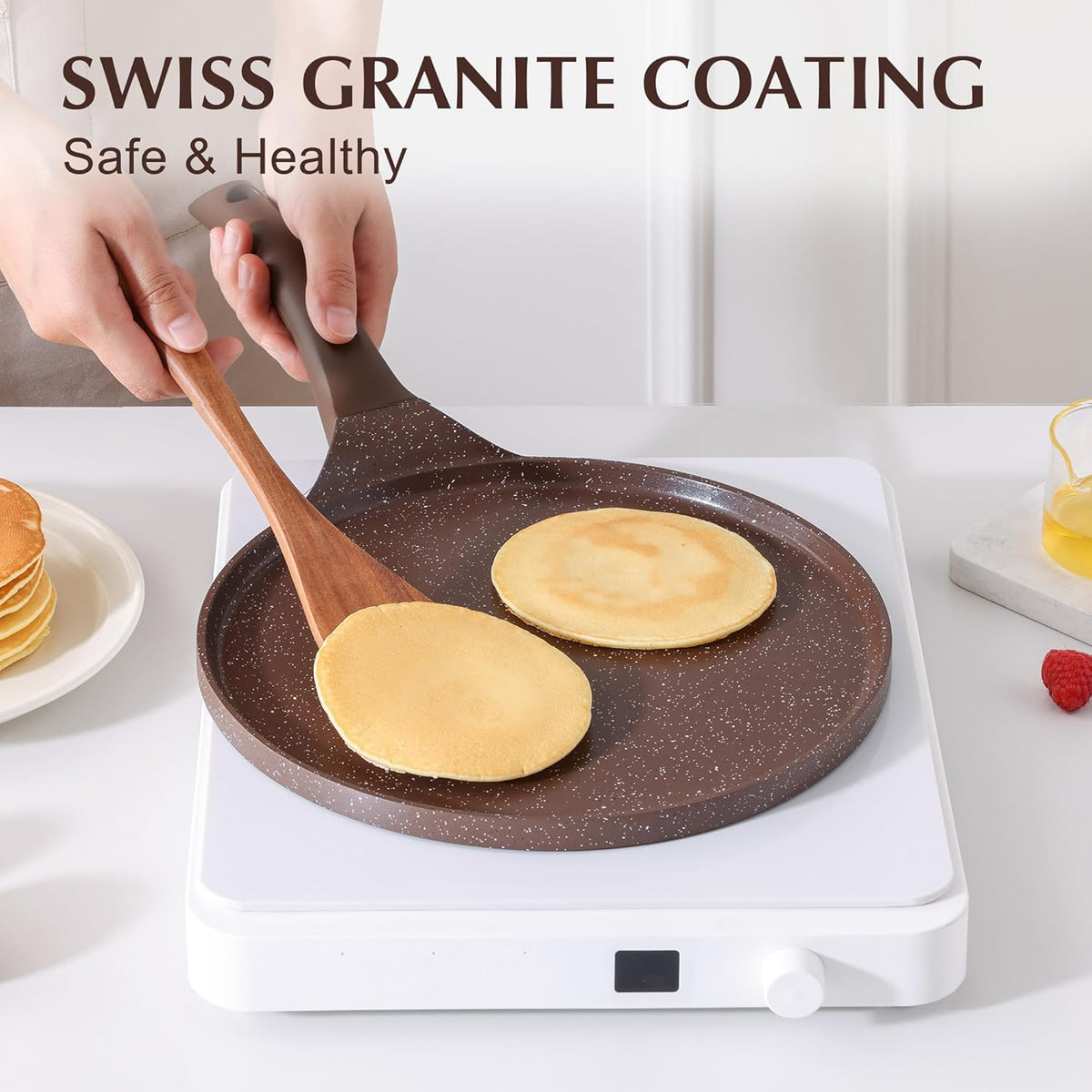 SENSARTE Nonstick Crepe Pan, Swiss Granite Coating Dosa Pan Pancake Flat Skillet Tawa Griddle 10-Inch with Stay-Cool Handle, Induction Compatible (Toffee Brown)