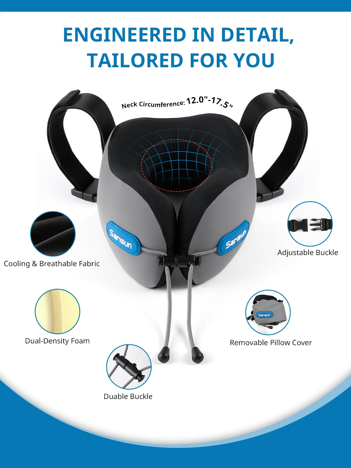 SARISUN Neck Pillow Airplane,w/Seat Strap Support,3D Eye Mask for Travel