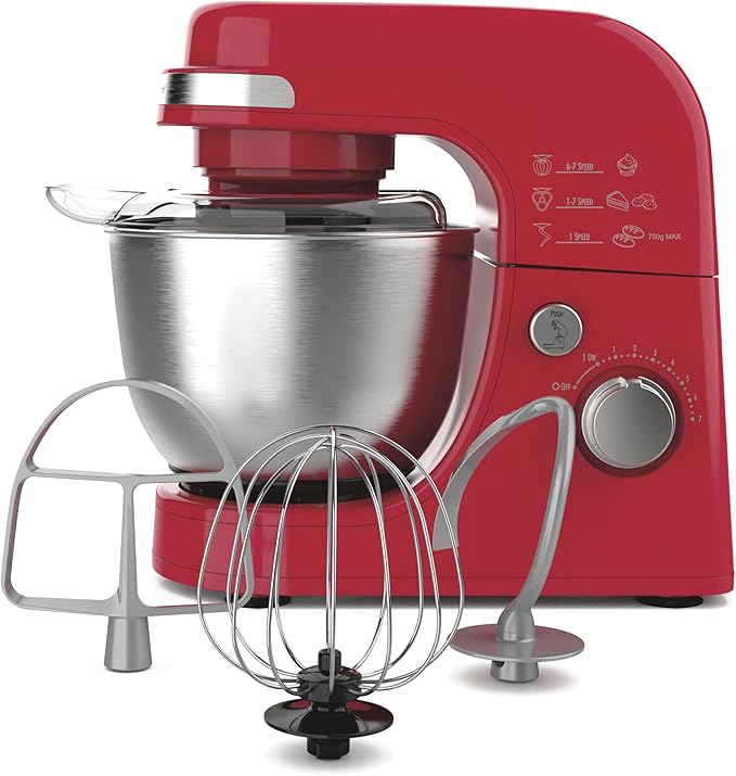 Hamilton Beach Electric Stand Mixer, 4 Quarts, Dough Hook, Flat Beater Attachments, Splash Guard 7 Speeds with Whisk, Red
