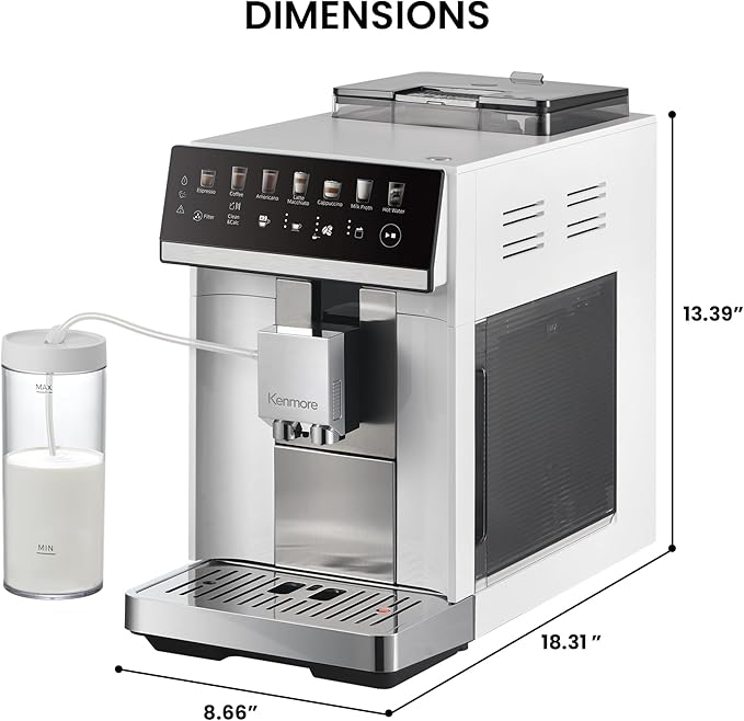 Kenmore Fully Automatic Coffee Maker - with Grinder, Milk Frother & Steamer, Auto Tamper, Descaler Expresso Machine, cafeteras electricas modernas machines For Home/Office White