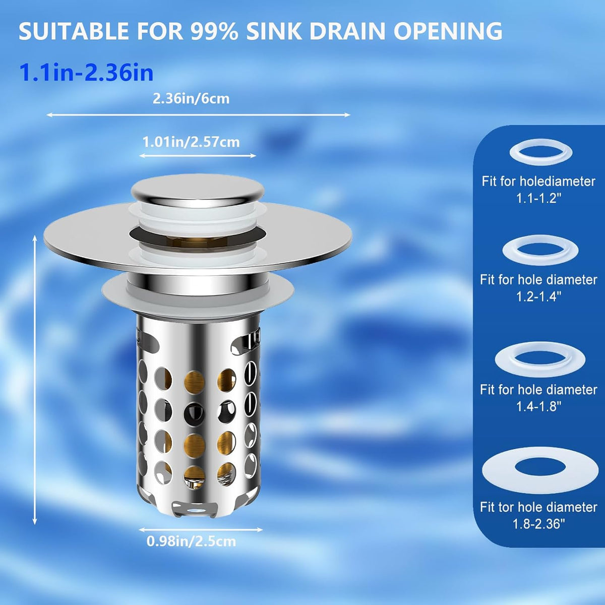 Upgraded Bathroom Sink Stopper Drain Strainer for 1.1-1.45 Inch,Universal Pop Up Stopper with Removable Stainless Steel Filter Basket Hair Catcher,Brass Bounce Core for US Universal
