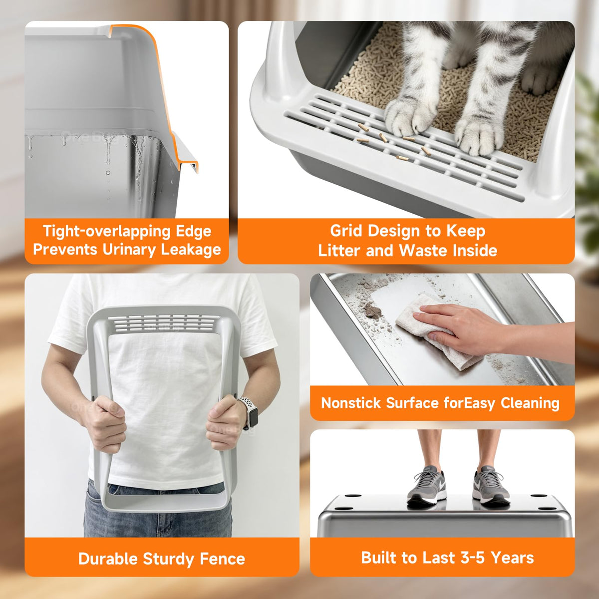 Stainless Steel High-Sided Cat Litter Box with Scoop - Medium,Gray