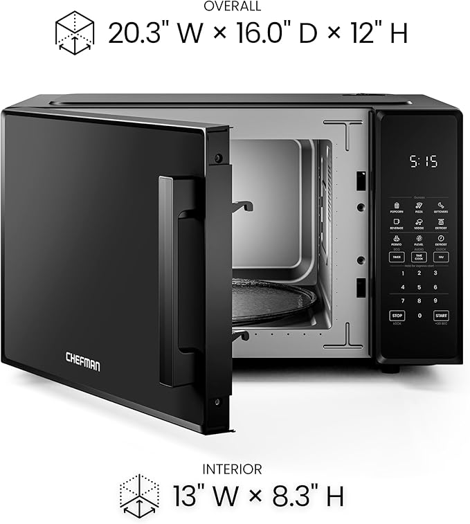 Chefman Countertop Microwave Oven 1.1 Cu. Ft., 1000 Watts with 10 Power Levels, 6 Cooking Presets with One-Touch Express Cook, Eco Mode, Child Safety Lock, & Mute Button - Black
