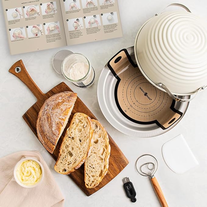 Nordic Ware Simply Sourdough™ Complete Bread Baking Kit BAKING PAN INCLUDED, Dual use Banneton lid, 22pg Guide book w/Recipes, Danish Whisk, Starter Jar, Cutter, Lifting Mat, Scraper, Cotton Liner