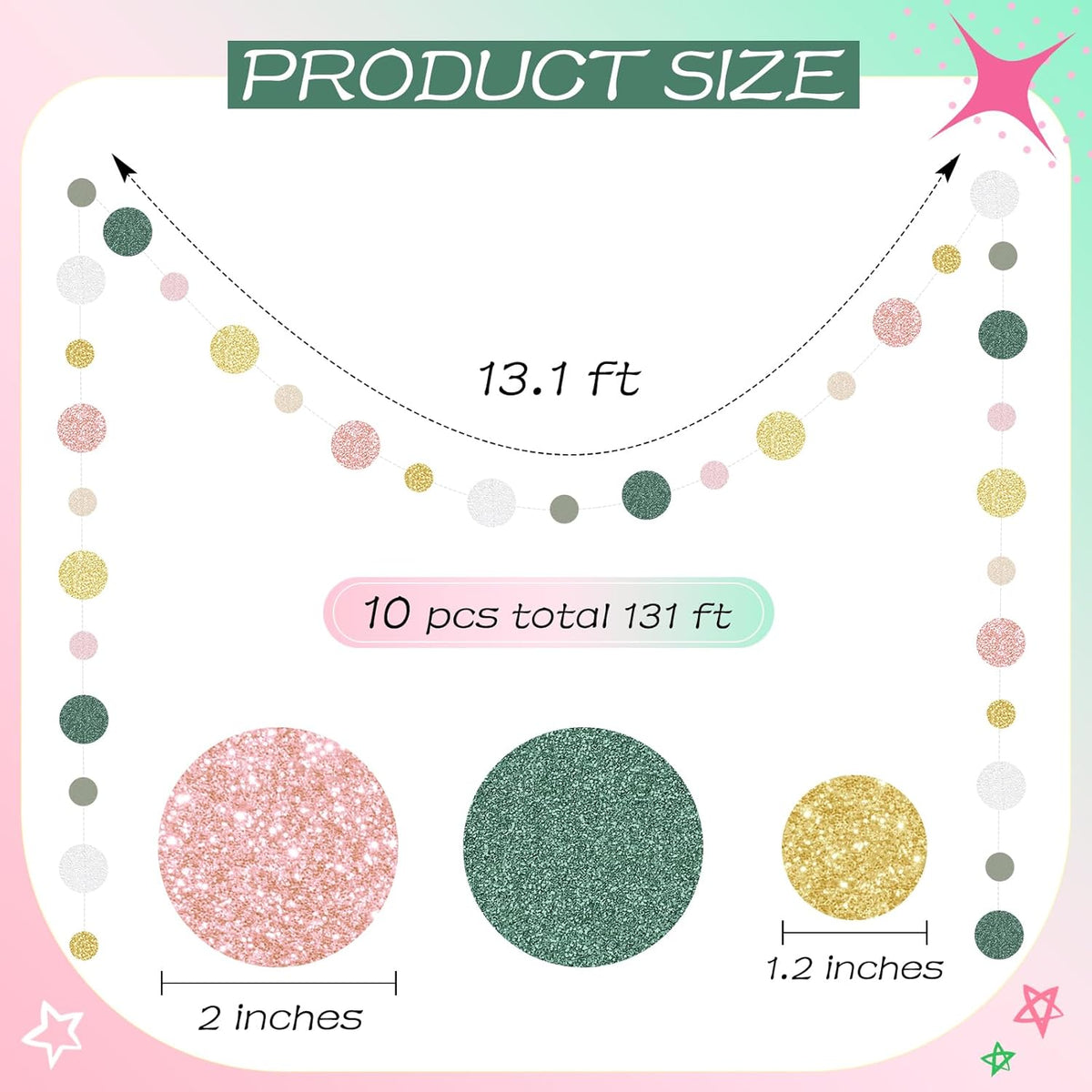 Outus 10 Pieces Colorful Dots Paper Garland Round Glitter Garland Hanging Confetti Streamers Backdrop Decoration for Birthday Classroom Candy Sprinkles Trunk or Treat Party (Sage Green,Pink,Gold)