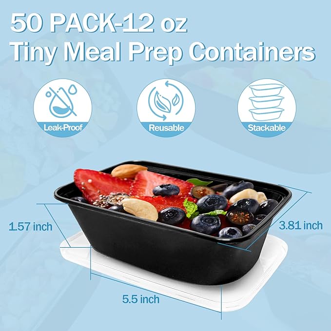 Tiny Meal Prep Containers, 12 oz [50 Pack] - mini Single 1 Compartment Food Meal Prep Containers Reusable, BPA Free Small disposable Food Storage Containers with Lids Microwave Dishwasher Freezer Safe