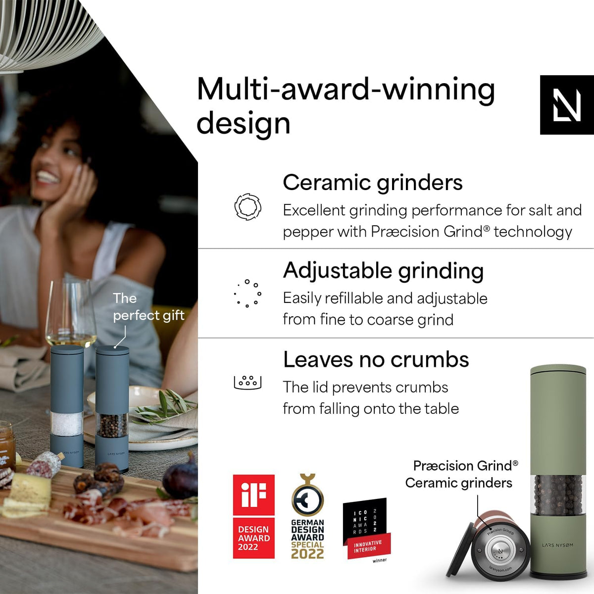 LARS NYSØM Salt and Pepper Grinder Set Manual, Stainless Steel Salt and Pepper Mills with Adjustable Ceramic Grinder I Design Spice Shakers (Red/Green)