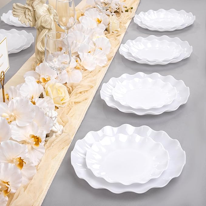 LIYH 24 Pcs White Plastic Plates Reusable - Unbreakable Party Plates, Microwave & Dishwasher Safe Camping Plate Sets Perfect for Parties, Birthday, Picnics, BPA Free (12Guests)