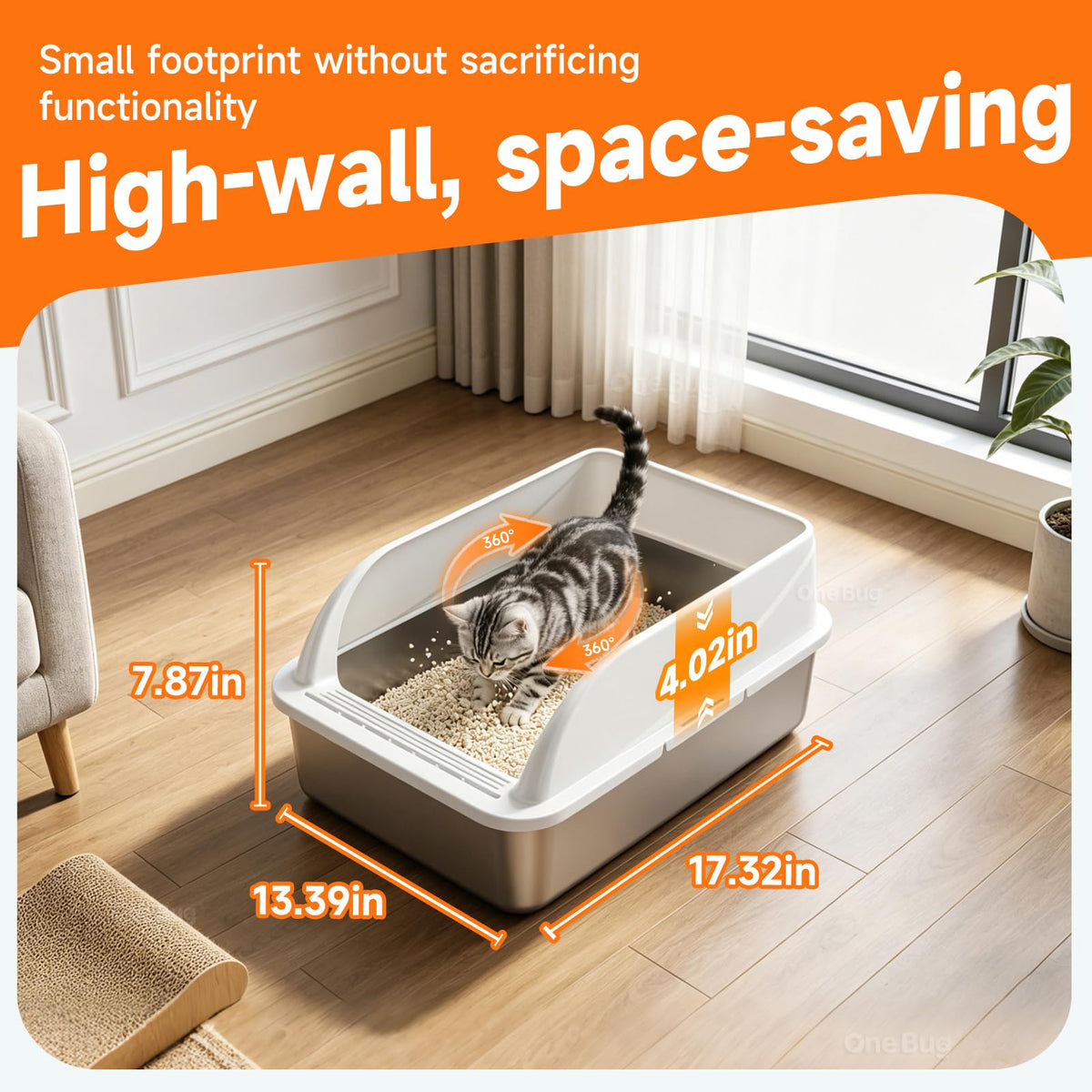 Stainless Steel High-Sided Cat Litter Box with Scoop - Medium,Gray