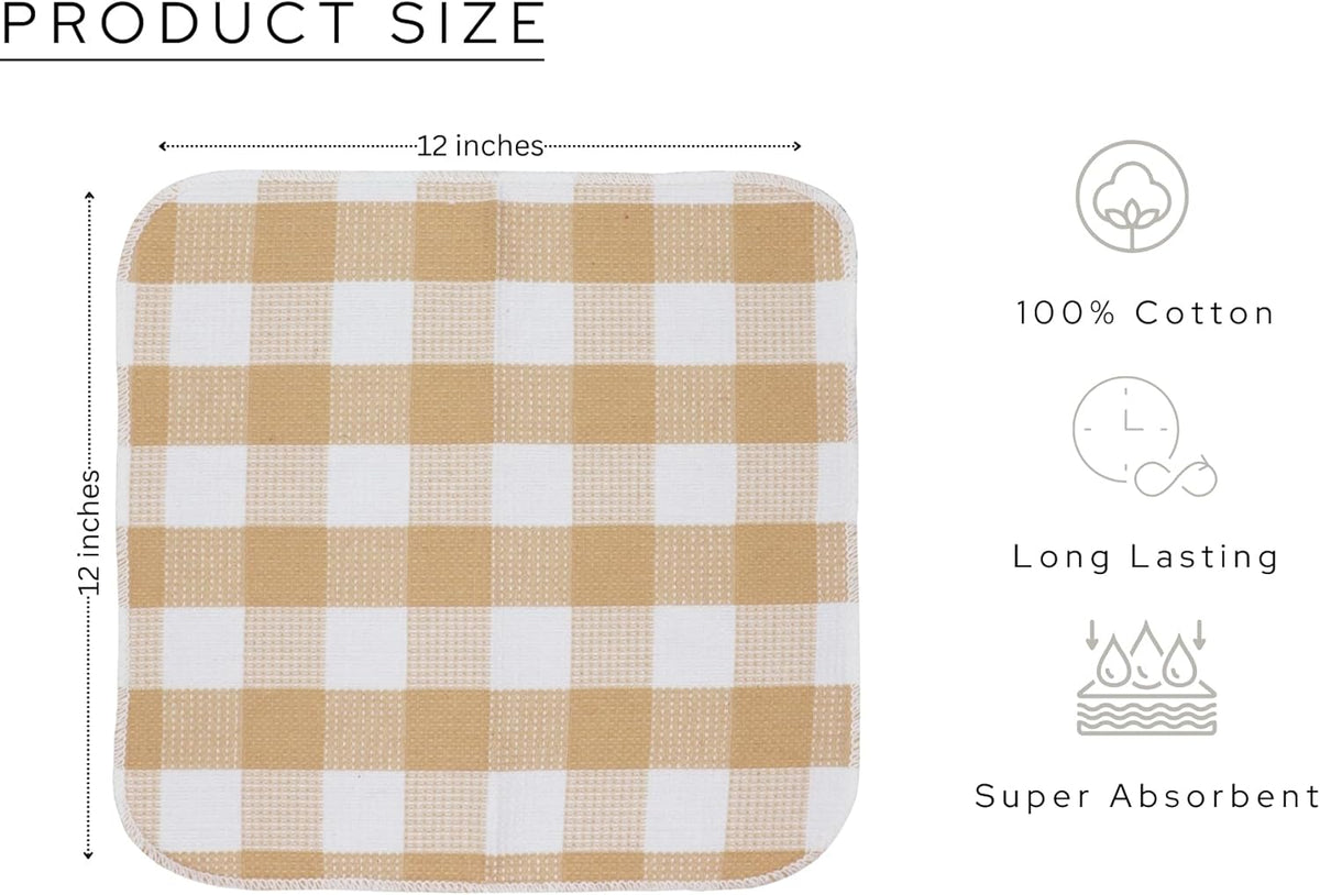 Waffle Weave Plaid Dish Cloths, 100% Cotton - 12 x 12 Inches, Ultra Soft Absorbent Quick Drying Dish Towels Buffalo Check Dish Rags for Kitchen, 6 Pack - Spring Summer - Beige and White