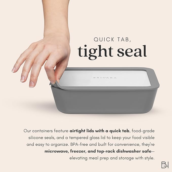 Ceramic Coated Glass Food Storage Container | No PTFE, PFOA, PFAS, and BPA | Reusable Non Toxic Meal Prep Container with Glass Lid | Easy To Store | 5 Cup Square [Smoke]