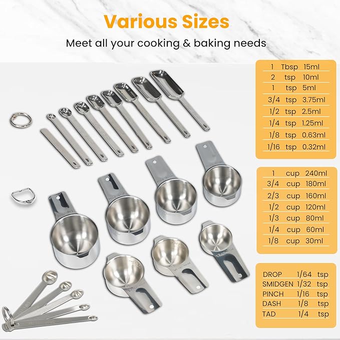 21 Pieces YUNNKEEY Measuring Cups and Spoons Set - Includes 7 Stainless Steel Measuring Cups, 8 Rectangular & 5 Mini Measuring Spoons with Leveler Fits Spice Jars, Ideal for Dry and Liquid Ingredients